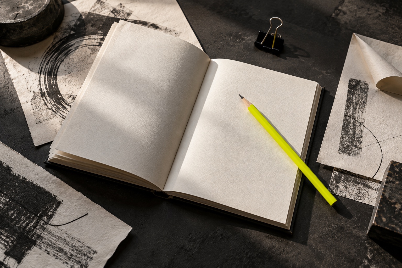 Caderno aberto, papéis e lápis verde-limão sobre uma mesa de trabalho.