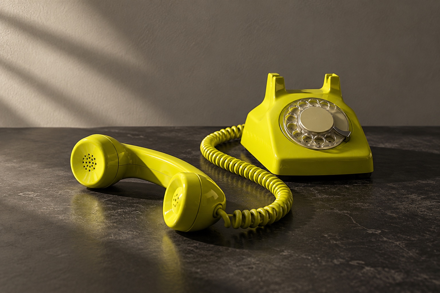 Telefone verde-limão fora do gancho, uma imagem sobre escutar antes de criar.